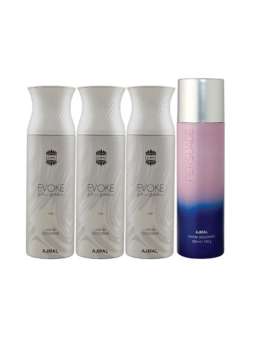 ajmal 3 evoke silver edition for him for men and 1 persuade for unisex deodorants combo pack of 4 (total 800ml) + 3 testers - 17404728 - Very Small Image - 1