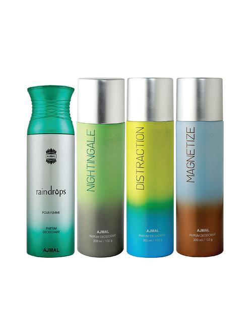 ajmal 1 raindrops for women,1 nightingale,1 distraction,1 magnetize unisex deodorant combo pack of 4(total 800ml)+3 testers - 17404736 - Very Small Image - 1