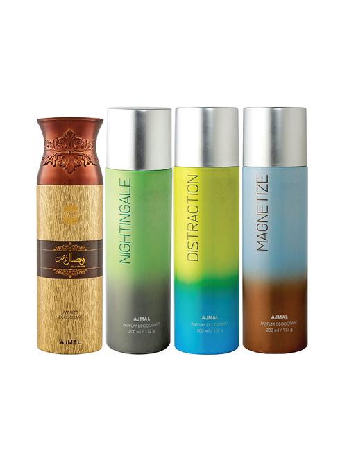 ajmal 1 wisal dhahab for men,1 nightingale,1 distraction,1 magnetize unisex deodorant combo pack of 4(total 800ml)+3 testers - 17404744 - Very Small Image - 1