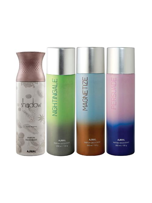 ajmal 1 shadow him for men,1 nightingale,1 magnetize,1 persuade for unisex deodorants combo pack of 4(total 800ml)+3 testers - 17404754 - Very Small Image - 1