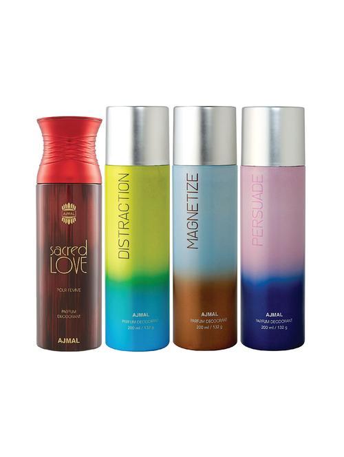 ajmal 1 sacred love for women,1 distraction,1 magnetize,1 persuade unisex deodorant combo pack of 4(total 800ml)+3 testers - 17404758 - Very Small Image - 1