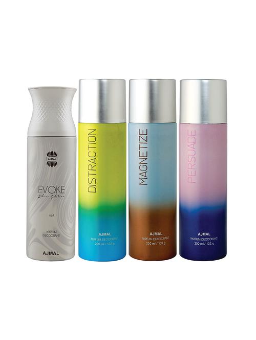 ajmal 1 evoke silver for men,1 distraction,1 magnetize,1 persuade for unisex deodorant combo pack of 4(total 800ml)+3 testers - 17404764 - Very Small Image - 1