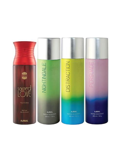 ajmal 1 sacred love for women,1 nightingale,1 distraction,1 persuade unisex deodorant combo pack of 4(total 800ml)+3 testers - 17404770 - Very Small Image - 1