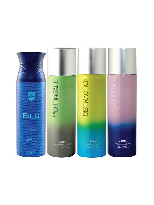 ajmal 1 blu for men, 1 nightingale, 1 distraction, 1 persuade for unisex deodorants combo pack of 4 (total 800ml) + 3 testers - 17404771 - Very Small Image - 1