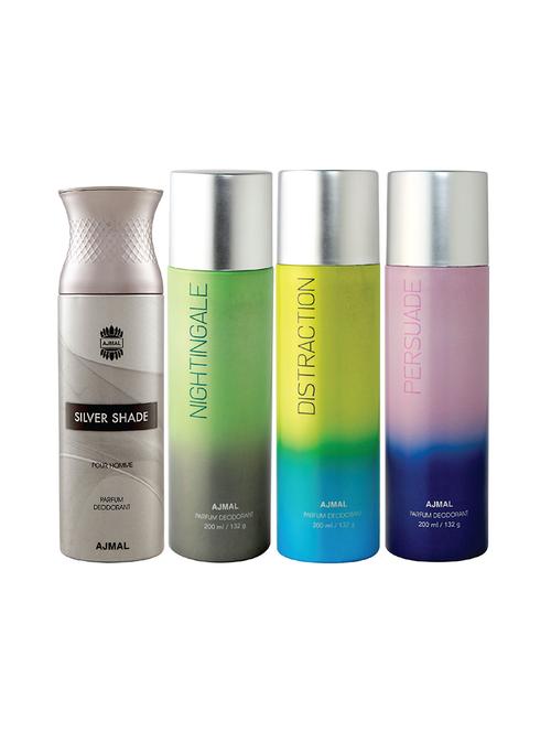 ajmal 1 silver shade for men,1 nightingale,1 distraction,1 persuade unisex deodorant combo pack of 4(total 800ml)+3 testers - 17404779 - Very Small Image - 1