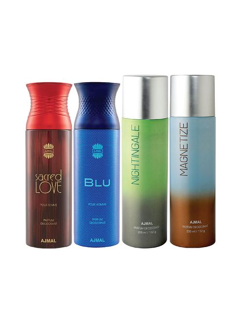 ajmal 1 sacred love for women,1 blu for men,1 nightingale,1 magnetize unisex deodorant combo pack of 4(total 800ml)+3 testers - 17404783 - Very Small Image - 1