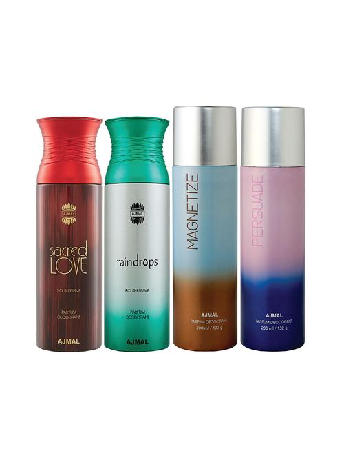 ajmal 1 sacred love for women,1 raindrops for women,1 magnetize,1 persuade unisex combo pack of 4 deos(total 800ml)+3 testers - 17404791 - Very Small Image - 1