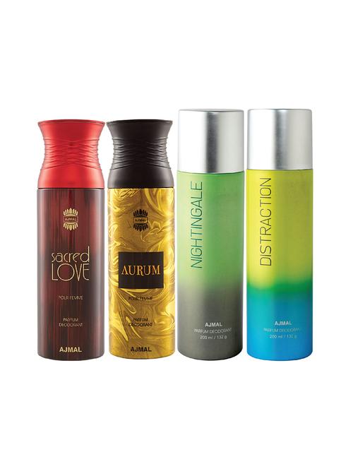 ajmal 1 sacred love for women,1 aurum for women,1 nightingale,1 distraction unisex pack of 4 deos(total 800ml)+3 testers - 17404792 - Very Small Image - 1