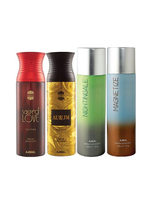 ajmal 1 sacred love for women,1 aurum for women,1 nightingale,1 magnetize unisex combo pack of 4 deos(total 800ml)+3 testers - 17404793 - Very Small Image - 1