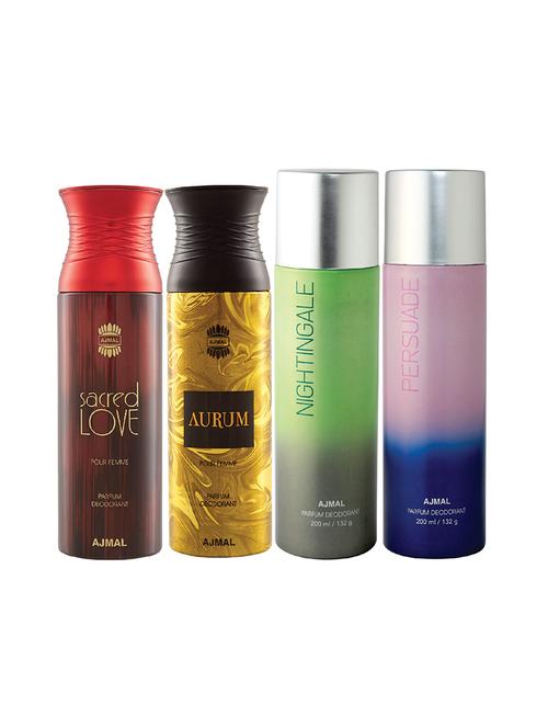 ajmal 1 sacred love for women,1 aurum for women,1 nightingale,1 persuade unisex combo pack of 4 deos(total 800ml)+3 testers - 17404794 - Very Small Image - 1