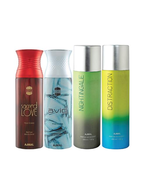 ajmal 1 sacred love for women,1 avid for men,1 nightingale,1 distraction unisex combo pack of 4 deos(total 800ml)+3 testers - 17404797 - Very Small Image - 1
