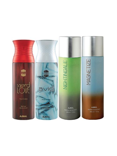 ajmal 1 sacred love for women,1 avid for men,1 nightingale,1 magnetize unisex combo pack of 4 deos(total 800ml)+3 testers - 17404798 - Very Small Image - 1