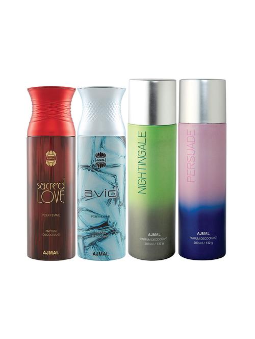 ajmal 1 sacred love for women,1 avid for men,1 nightingale,1 persuade unisex deodorant combo pack of 4(total 800ml)+3 testers - 17404799 - Very Small Image - 1