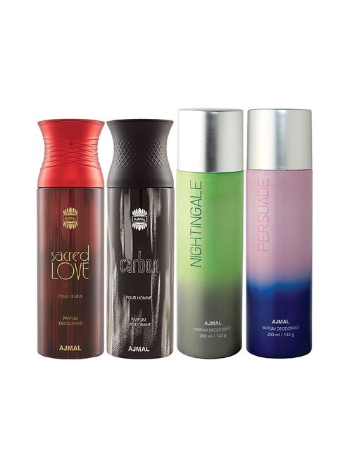 ajmal 1 sacred love for women,1 carbon for men,1 nightingale,1 persuade unisex combo pack of 4 deos(total 800ml)+3 testers - 17404804 - Very Small Image - 1