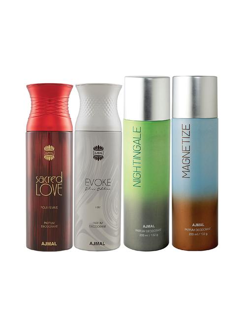 ajmal 1 sacred love, 1 evoke silver edition for him, 1 nightingale and 1 magnetize deodorants pack of 4 + 3 parfum testers - 17404808 - Very Small Image - 1