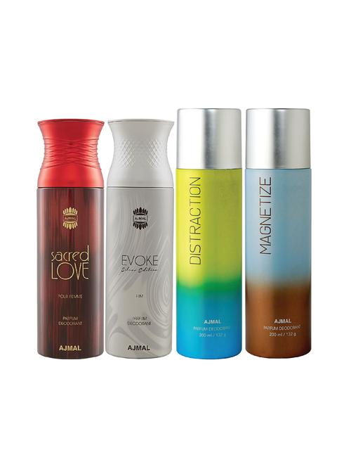 ajmal 1 sacred love, 1 evoke silver edition for him, 1 distraction and 1 magnetize deodorants pack of 4 + 3 parfum testers - 17404810 - Very Small Image - 1