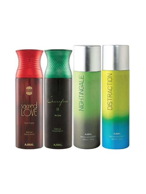ajmal 1 sacred love for women,1 sacrifice ii for men,1 nightingale,1 distraction unisex pack of 4 deos(total 800ml)+3 testers - 17404812 - Very Small Image - 1