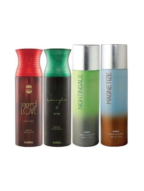 ajmal 1 sacred love for women,1 sacrifice ii for men,1 nightingale,1 magnetize unisex pack of 4 deos(total 800ml)+3 testers - 17404813 - Very Small Image - 1