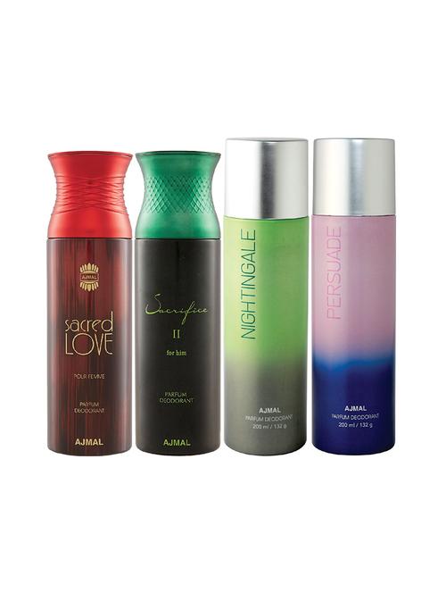 ajmal 1 sacred love for women,1 sacrifice ii for men,1 nightingale,1 persuade unisex pack of 4 deos(total 800ml)+3 testers - 17404814 - Very Small Image - 1