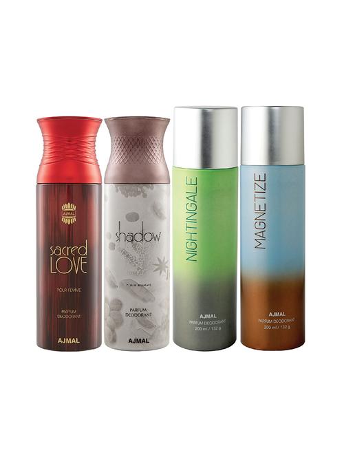 ajmal 1 sacred love for women,1 shadow for men,1 nightingale,1 magnetize unisex combo pack of 4 deos(total 800ml)+3 testers - 17404818 - Very Small Image - 1