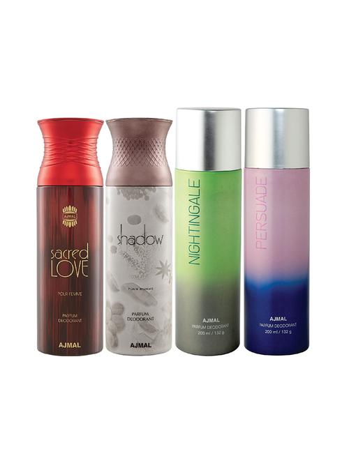 ajmal 1 sacred love for women,1 shadow for men,1 nightingale,1 persuade unisex combo pack of 4 deos(total 800ml)+3 testers - 17404819 - Very Small Image - 1