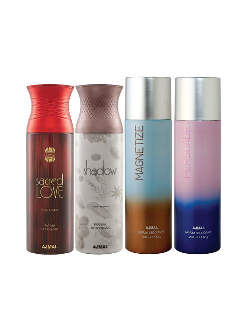 ajmal 1 sacred love for women,1 shadow for men,1 magnetize,1 persuade unisex deodorant combo pack of 4(total 800ml)+3 testers - 17404821 - Very Small Image - 1
