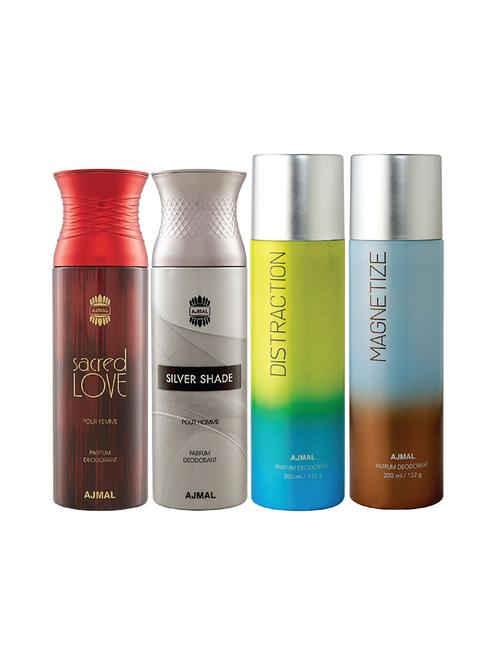 ajmal 1 sacred love for women,1 silver shade for men,1 distraction,1 magnetize unisex pack of 4 deos(total 800ml)+3 testers - 17404825 - Very Small Image - 1