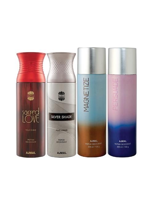 ajmal 1 sacred love for women,1 silver shade for men,1 magnetize,1 persuade unisex pack of 4 deos(total 800ml)+3 testers - 17404826 - Very Small Image - 1