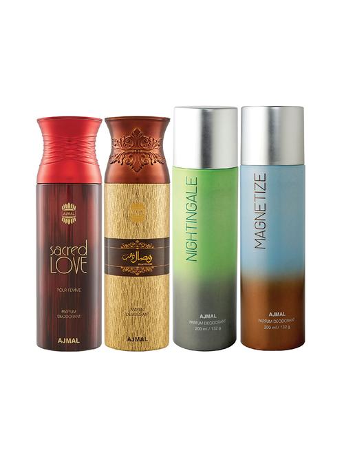 ajmal 1 sacred love for women,1 wisal dhahab for men,1 nightingale,1 magnetize unisex pack of 4 deos(total 800ml)+3 testers - 17404828 - Very Small Image - 1