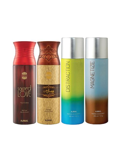 ajmal 1 sacred love for women,1 wisal dhahab for men,1 distraction,1 magnetize unisex pack of 4 deos(total 800ml)+3 testers - 17404830 - Very Small Image - 1