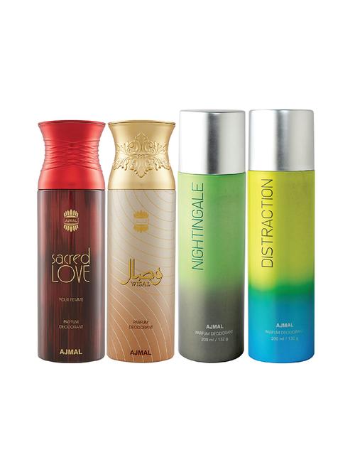 ajmal 1 sacred love for women,1 wisal for women,1 nightingale,1 distraction unisex pack of 4 deos(total 800ml)+3 testers - 17404832 - Very Small Image - 1