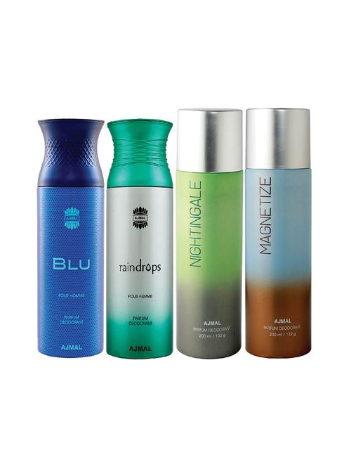 ajmal 1 blu for men,1 raindrops for women,1 nightingale,1 magnetize unisex deodorant combo pack of 4(total 800ml)+3 testers - 17404838 - Very Small Image - 1