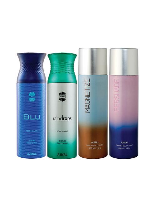ajmal 1 blu for men,1 raindrops for women,1 magnetize,1 persuade for unisex deodorants combo pack of 4(total 800ml)+3 testers - 17404841 - Very Small Image - 1