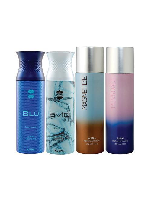 ajmal 1 blu for men, 1 avid for men, 1 magnetize, 1 persuade for unisex deodorants combo pack of 4 (total 800ml) + 3 testers - 17404851 - Very Small Image - 1