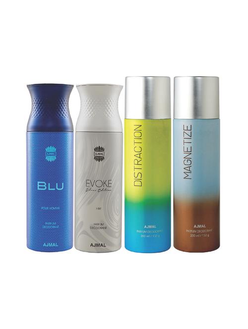 ajmal 1 blu for men,1 evoke silver for men,1 distraction,1 magnetize unisex deodorant combo pack of 4(total 800ml)+3 testers - 17404860 - Very Small Image - 1