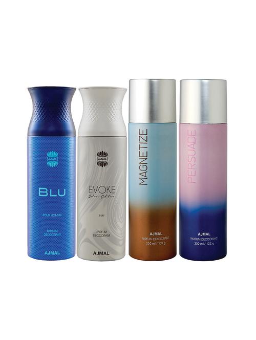 ajmal 1 blu for men,1 evoke silver for men,1 magnetize,1 persuade for unisex deodorant combo pack of 4(total 800ml)+3 testers - 17404861 - Very Small Image - 1