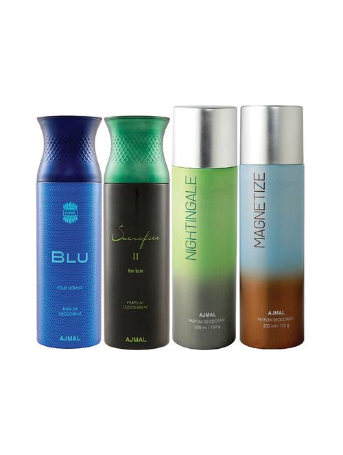 ajmal 1 blu for men,1 sacrifice ii for men,1 nightingale,1 magnetize unisex deodorant combo pack of 4(total 800ml)+3 testers - 17404863 - Very Small Image - 1