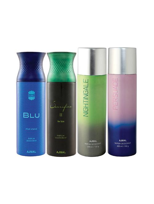 ajmal 1 blu for men,1 sacrifice ii for men,1 nightingale,1 persuade unisex deodorant combo pack of 4(total 800ml)+3 testers - 17404864 - Very Small Image - 1