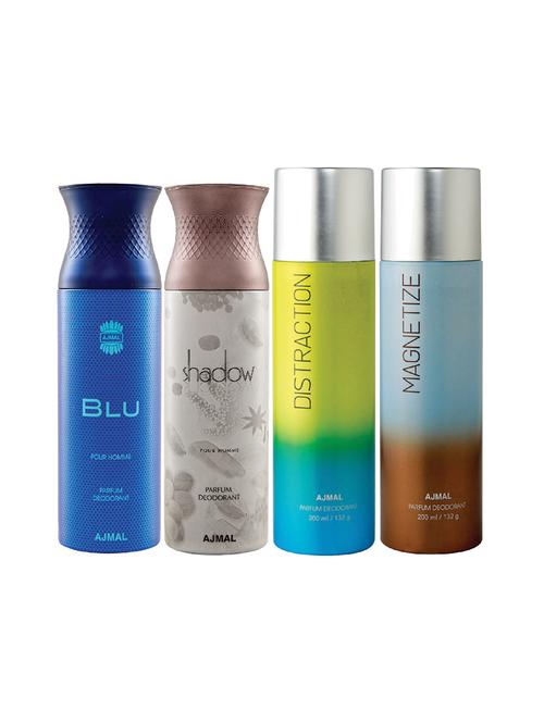 ajmal 1 blu for men,1 shadow for men,1 distraction,1 magnetize for unisex deodorants combo pack of 4(total 800ml)+3 testers - 17404870 - Very Small Image - 1