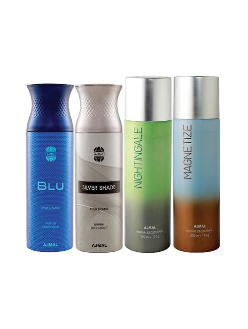 ajmal 1 blu for men,1 silver shade for men,1 nightingale,1 magnetize unisex deodorant combo pack of 4(total 800ml)+3 testers - 17404873 - Very Small Image - 1