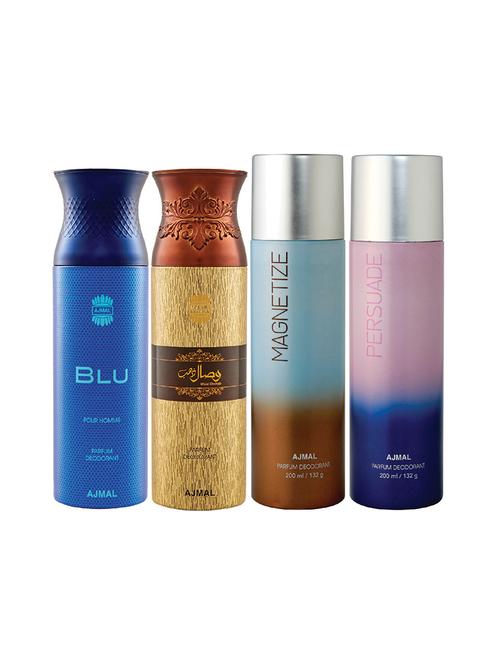ajmal 1 blu for men,1 wisal dhahab for men,1 magnetize,1 persuade for unisex deodorant combo pack of 4(total 800ml)+3 testers - 17404881 - Very Small Image - 1
