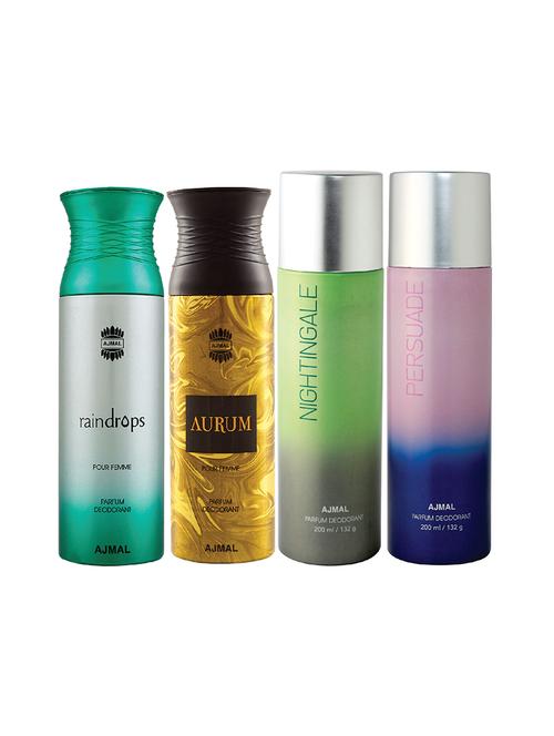 ajmal 1 raindrops for women,1 aurum for women,1 nightingale,1 persuade unisex combo pack of 4 deos(total 800ml)+3 testers - 17404889 - Very Small Image - 1