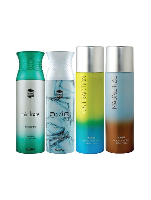 ajmal 1 raindrops for women,1 avid for men,1 distraction,1 magnetize unisex deodorant combo pack of 4(total 800ml)+3 testers - 17404895 - Very Small Image - 1