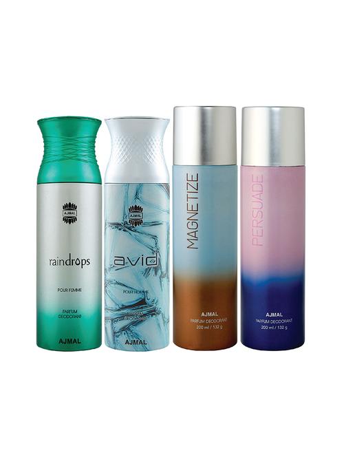 ajmal 1 raindrops for women,1 avid for men,1 magnetize,1 persuade for unisex deodorant combo pack of 4(total 800ml)+3 testers - 17404896 - Very Small Image - 1