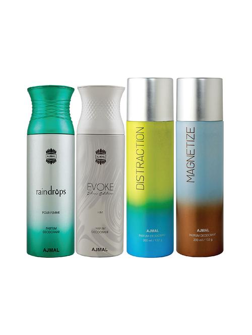 ajmal 1 raindrops , 1 evoke silver edition for him , 1 distraction and 1 magnetize deodorants pack of 4 + 3 parfum testers - 17404905 - Very Small Image - 1