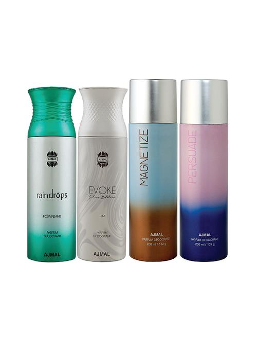 ajmal 1 raindrops for women,1 evoke silver for men,1 magnetize,1 persuade unisex combo pack of 4 deos(total 800ml)+3 testers - 17404906 - Very Small Image - 1