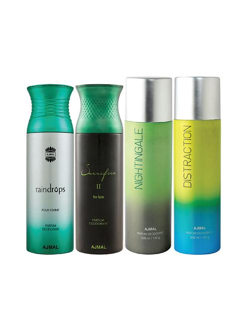 ajmal 1 raindrops for women,1 sacrifice ii for men,1 nightingale,1 distraction unisex pack of 4 deos(total 800ml)+3 testers - 17404907 - Very Small Image - 1
