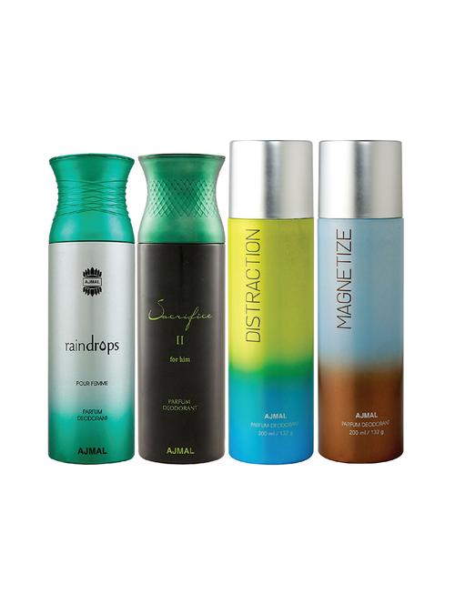 ajmal 1 raindrops for women,1 sacrifice ii for men,1 distraction,1 magnetize unisex pack of 4 deos(total 800ml)+3 testers - 17404910 - Very Small Image - 1