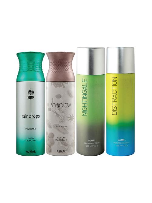 ajmal 1 raindrops for women,1 shadow for men,1 nightingale,1 distraction unisex combo pack of 4 deos(total 800ml)+3 testers - 17404912 - Very Small Image - 1