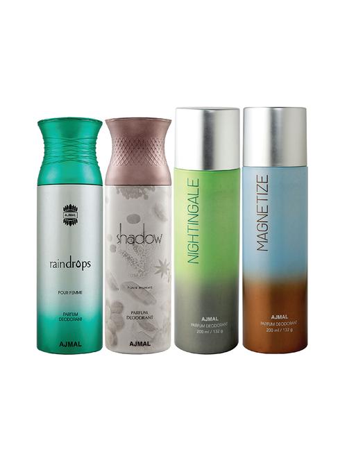 ajmal 1 raindrops for women,1 shadow for men,1 nightingale,1 magnetize unisex combo pack of 4 deos(total 800ml)+3 testers - 17404913 - Very Small Image - 1